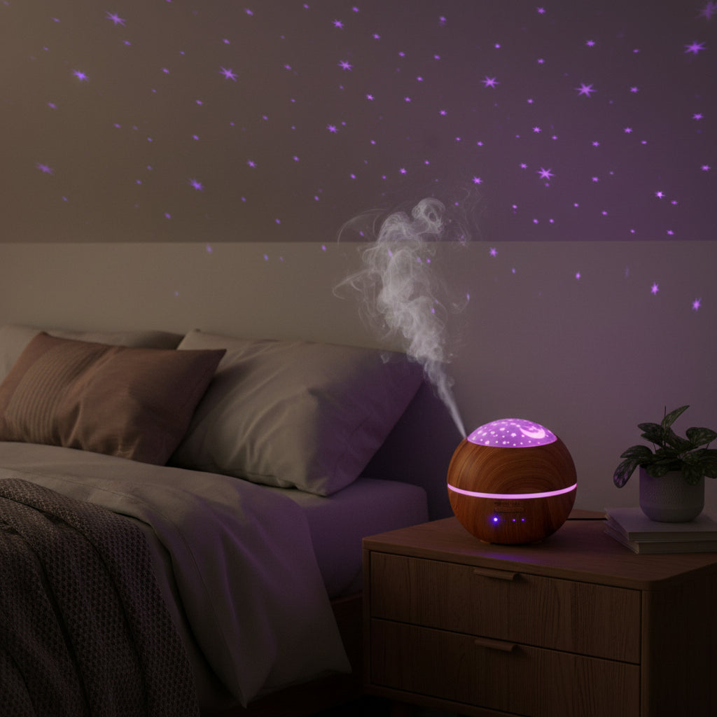 Diffuseur d’Arômes Lumière Astrale – Zenova™
(Projection lumineuse • Brume apaisante • Design bois)