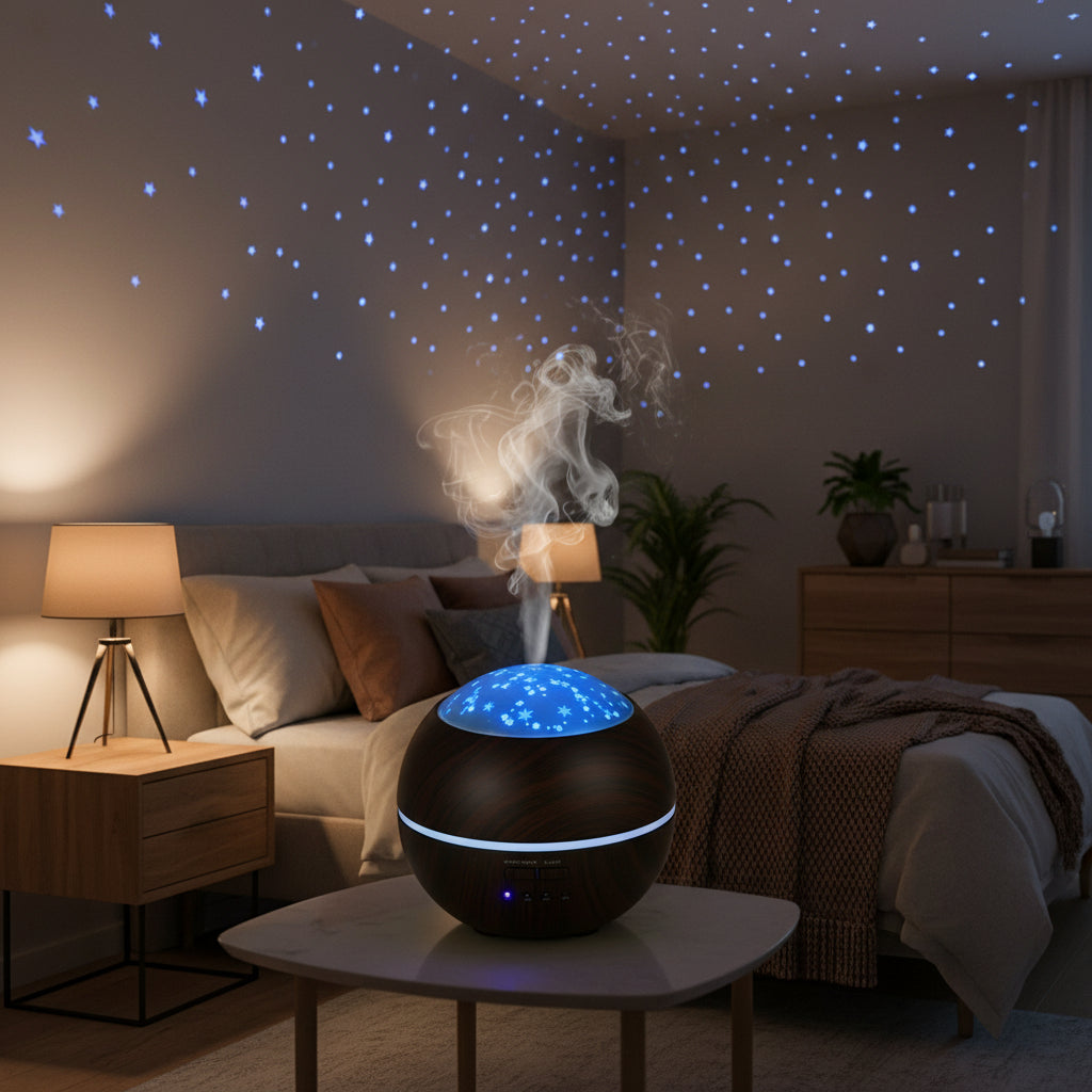 Diffuseur d’Arômes Lumière Astrale – Zenova™
(Projection lumineuse • Brume apaisante • Design bois)