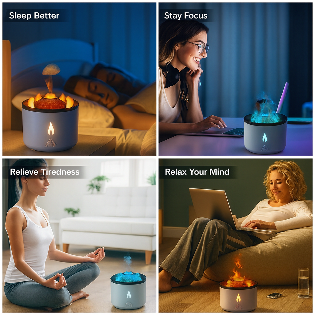 Zenova® FlameMist™ – Diffuseur Effet Flamme & Brume Relaxante