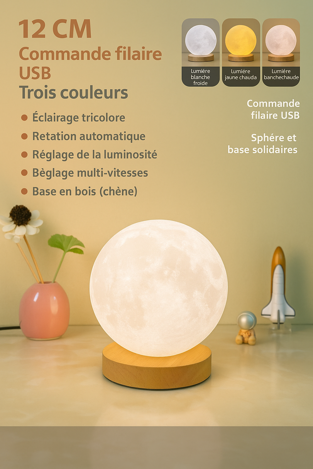 Lampe Lune LED Rotative – Ambiance Douce & Apaisante | Zenova